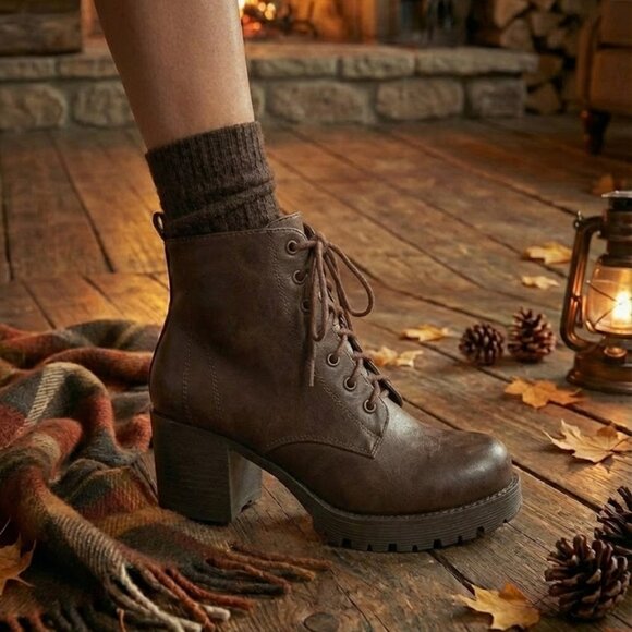 NWT SODA Brown Lace Up Combat Boots Lug Sole Chunky Heel Platform Ankle Booties - Picture 3 of 6